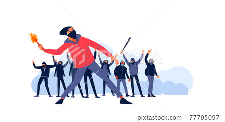 Man with Molotov cocktail on the streets of the city against the background of aggressive teenage protesters in a mask and hood, holding and raising their fists. Flat characters vector illustration 77795097