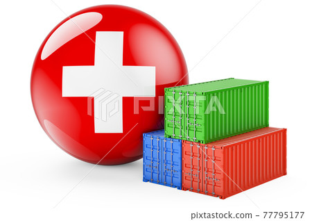 Cargo containers with Swiss flag. Freight shipping in Switzerland, 3D rendering 77795177