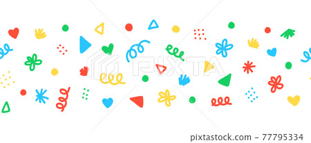 Seamless border with colorful decorative scribble shapes party sprinkles. Repeating horizontal 77795334