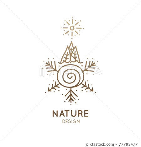 Vector logo pattern of nature elements. Linear icon of minimal landscape with trees, snow, sun, lake - business emblems, badge for a travel, farming and ecology concepts, health and yoga Center. 77795477