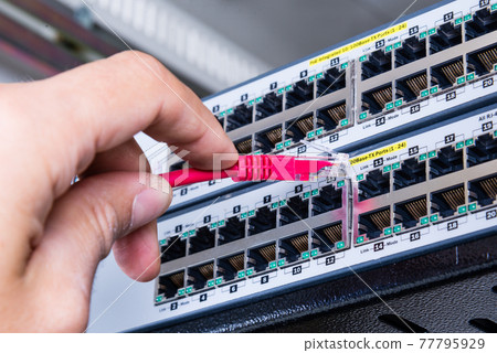 hand with red ethernet cable 77795929