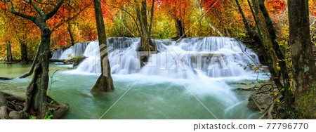 Colorful majestic waterfall in national park forest during autumn, panorama - Image 77796770