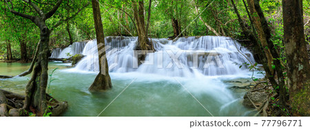 Huai Mae Khamin Waterfall level 7, Khuean Srinagarindra National Park, Kanchanaburi, Thailand; panorama Huai Mae Khamin Waterfall level 7, Khuean Srinagarindra National Park, Kanchanaburi, Thailand; panorama 77796771