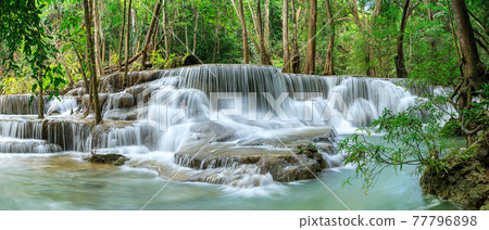 Huai Mae Khamin Waterfall level 6, Khuean Srinagarindra National Park, Kanchanaburi, Thailand; panorama Huai Mae Khamin Waterfall level 6, Khuean Srinagarindra National Park, Kanchanaburi, Thailand; panorama 77796898