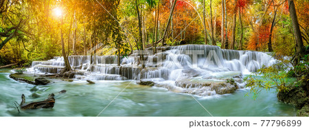 Colorful majestic waterfall in national park forest during autumn, panorama - Image 77796899