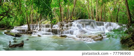Huai Mae Khamin Waterfall level 6, Khuean Srinagarindra National Park, Kanchanaburi, Thailand; panorama 77796900