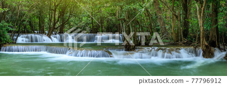Huai Mae Khamin Waterfall level 2, Khuean Srinagarindra National Park, Kanchanaburi, Thailand; panorama Huai Mae Khamin Waterfall level 2, Khuean Srinagarindra National Park, Kanchanaburi, Thailand; panorama 77796912