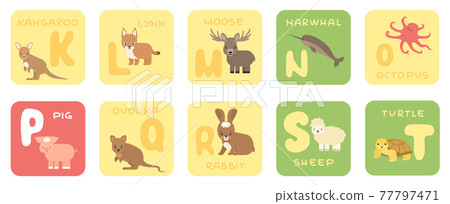 Cute vector K-T zoo alphabet isolated education cards with cartoon animals. Kangaroo, lynx, moose, narwhal, octopus, pig, quokka, rabbit, sheep, turtle, flat style Cute vector K-T zoo alphabet isolated education cards with cartoon animals. Kangaroo, lynx, moose, narwhal, octopus, pig, quokka, rabbit, sheep, turtle, flat style 77797471
