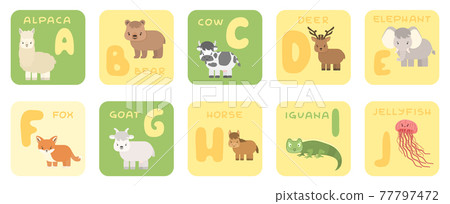Cute vector A-J zoo alphabet isolated education cards with cartoon animals. Alpaca bear cow deer elephant fox goat horse iguana jellyfish, flat style 77797472