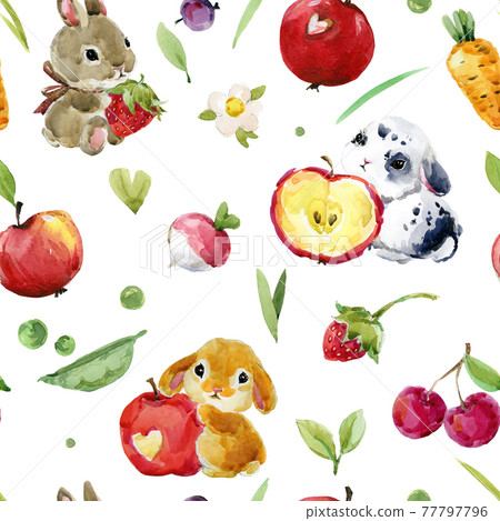 Cute cartoon bunny seamless pattern. forest animal illustration. watercolor funny pet in the spring garden. Little rabbit Cute cartoon bunny seamless pattern. forest animal illustration. watercolor funny pet in the spring garden. Little rabbit 77797796