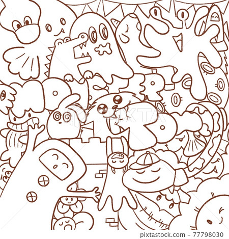Hand draw cute monsters doodle with dark brown outline on white background. 77798030