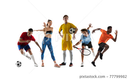 Collage of different professional sportsmen, fit people in action and motion isolated on white background. Flyer. Collage of different professional sportsmen, fit people in action and motion isolated on white background. Flyer. 77799982