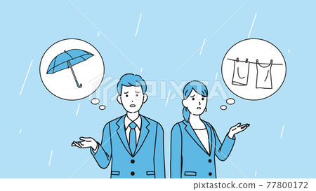 下雨了，忘記帶傘了，把衣服晾乾了，有麻煩了，穿西裝的男女，上班族，插畫素材 77800172