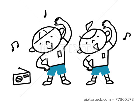 Boys and girls doing radio calisthenics in gym clothes 77800178