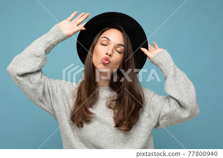 Portrait of young positive happy sexy charming beautiful brunette woman with sincere emotions 77800940