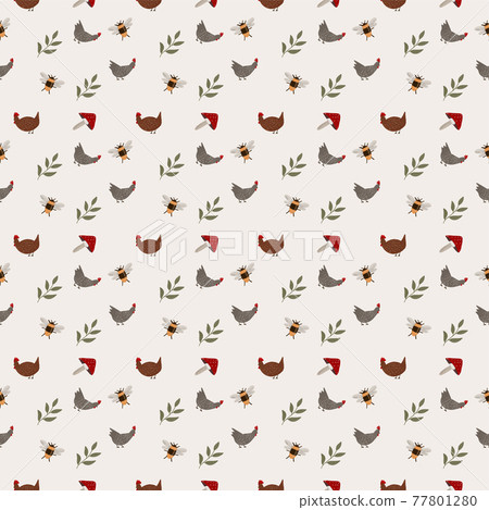 Hand drawn seamless pattern with chicken, mushroom, bug and plant. Cottagecore lifestyle, country Hand drawn seamless pattern with chicken, mushroom, bug and plant. Cottagecore lifestyle, country 77801280
