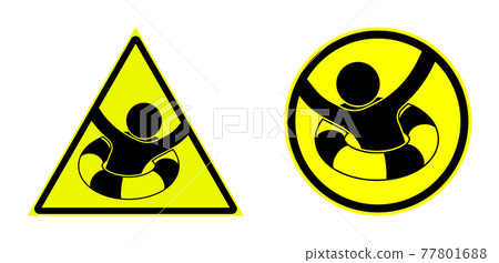 Emergency, set of yellow warning signs with lifebuoy. Help service for drowning, first aid on water. Isolated vector 77801688