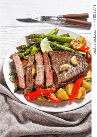 beef steak with veggies on a plate 77802271
