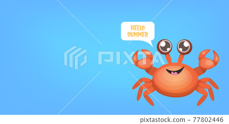 hello summer horizontal banner or flyer design template with cute red crab character isolated on blue sea background. summer beach party design template. Hello summer concept hello summer horizontal banner or flyer design template with cute red crab character isolated on blue sea background. summer beach party design template. Hello summer concept 77802446