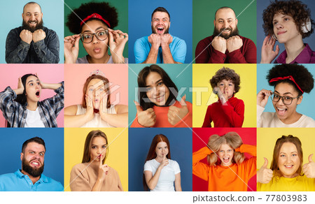 Portraits of group of people on multicolored background, collage. 77803983