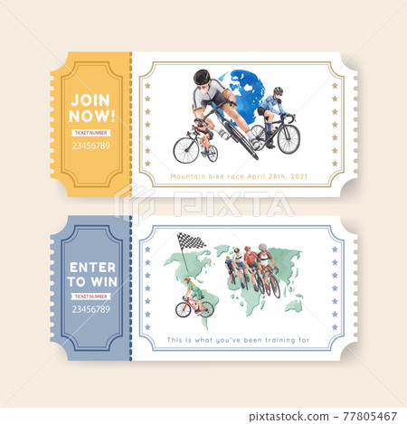 Ticket template with world bicycle day concept,watercolor style Ticket template with world bicycle day concept,watercolor style 77805467