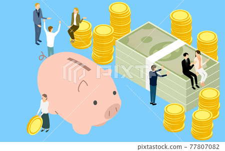 儲蓄、存錢罐和堆積的硬幣、美金和人的形象,等距 儲蓄、存錢罐和堆積的硬幣、美金和人的形象,等距 77807082