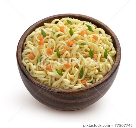 Wooden bowl of instant noodles isolated on white background Wooden bowl of instant noodles isolated on white background 77807745