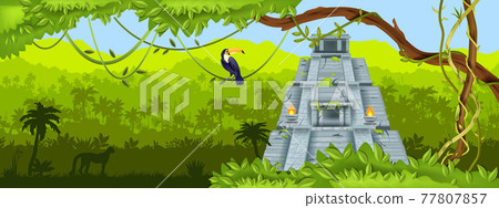 Maya jungle pyramid vector background, green tropical panoramic landscape, palm silhouette, vine 77807857
