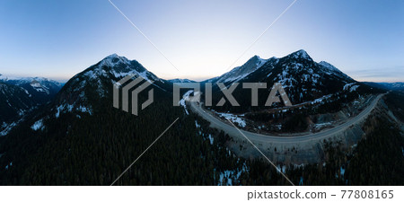 Aerial Panoramic View of a scenic Highway passing in the Canadian Landscape Aerial Panoramic View of a scenic Highway passing in the Canadian Landscape 77808165