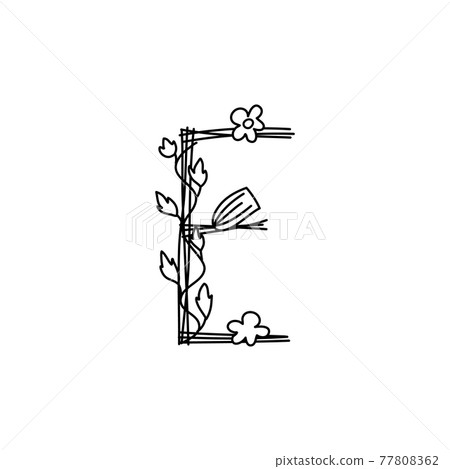 Vintage floral bold Letter E logo spring. Classic Summer Letter Design Vectors with Black Color and Floral Hand Drawn with monoline line flowers 77808362