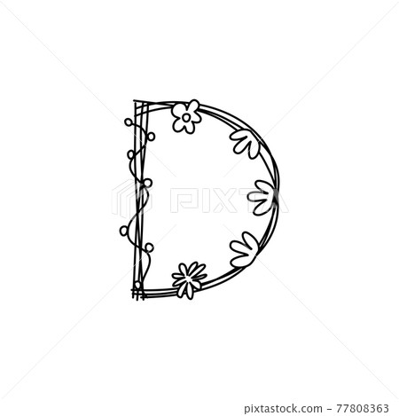 Vintage floral bold Letter D logo spring. Classic Summer Letter Design Vectors with Black Color and Floral Hand Drawn with monoline line flowers 77808363