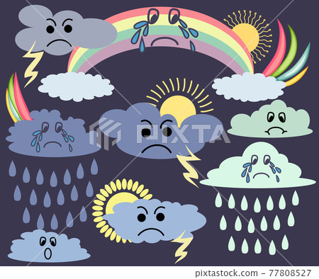 Emotional sun and clouds, stars, rainbow on dark background. Cute weather forecast. set. 77808527