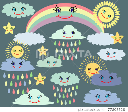 Emotional sun and clouds, stars, rainbow on dark background. Cute weather forecast. set. 77808528