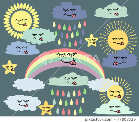Emotional sun and clouds, stars, rainbow on dark background. Cute weather forecast. set. 77808529