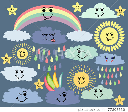 Emotional sun and clouds, stars, rainbow on dark background. Cute weather forecast. 77808530