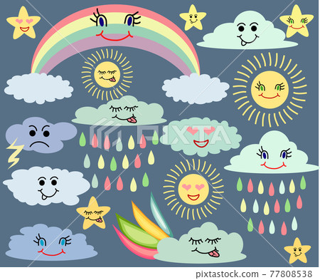 Emotional sun and clouds, stars, rainbow on dark background. Cute weather forecast. set. 77808538