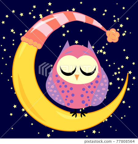 cute cartoon sleeping owl in circles with closed eyes sits on a drowsy crescent among the stars 77808564
