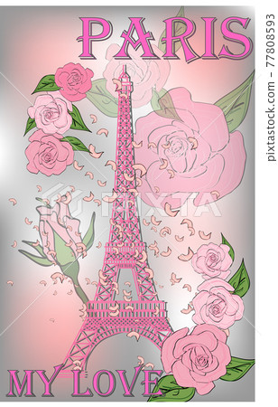 Vintage France poster design. romantic background with Eiffel tower and roses Vintage France poster design. romantic background with Eiffel tower and roses 77808593