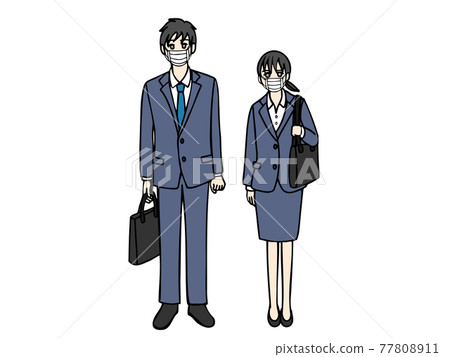 Full-body image of young men and women wearing masks and recruitment suits 77808911