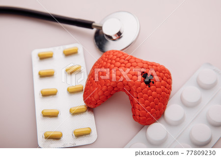 Treatment of diseases of thyroid concept. Model of organ close-up 77809230