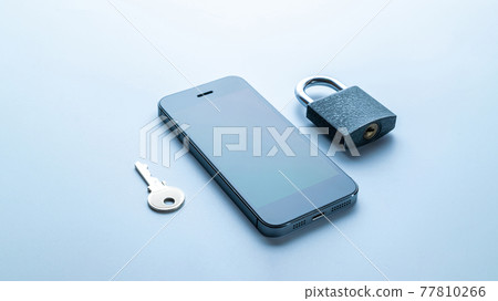 Networking security protection. Modern space grey mobile phone with padlock, key on white background. Smartphone fraud, online scam and cyber security threat. Networking security protection. Modern space grey mobile phone with padlock, key on white background. Smartphone fraud, online scam and cyber security threat. 77810266