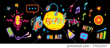 Podcast web banner with vibrant neon elemets of podcast stage on black background 77812027