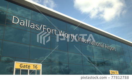 Airliner landing reflecting in the windows with Dallas Fort Worth International Airport text. 3d rendering 77812788