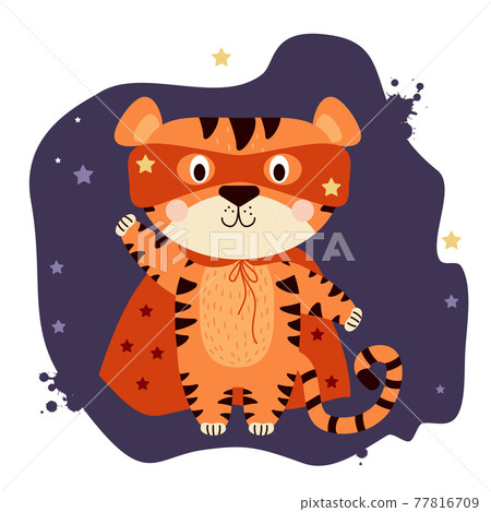 Cute tiger magic superhero. A character in a mask and a red cloak waving his paw on a purple background with stars. Tiger symbol of the new year 2022. Vector illustration 77816709