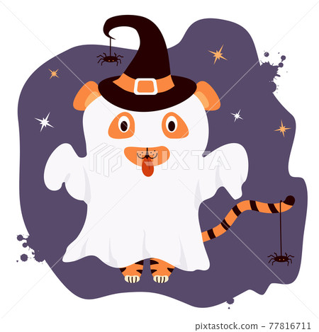 Scary Wild Animal - Tiger for Halloween. The character is a ghost in white, wearing a witchs hat and spiders on purple background with stars. Tiger symbol of the new year 2022. Vector illustration 77816711
