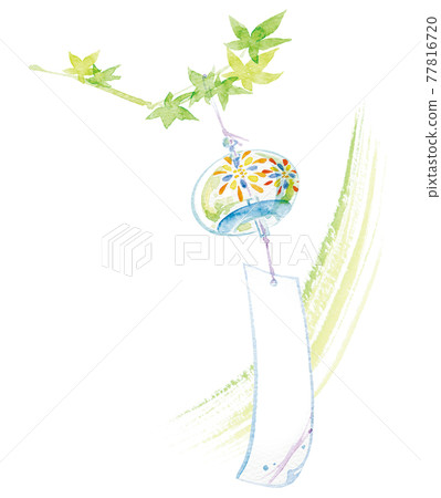 Wind chimes swaying in the wind and maple illustration 8 watercolor summer image watercolor painting 77816720
