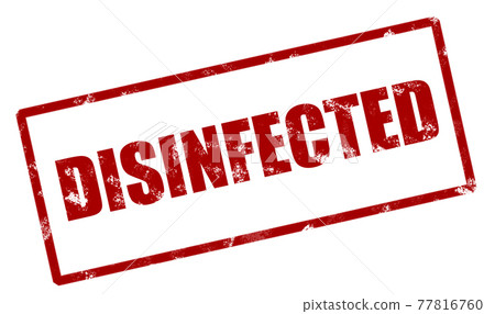 DISINFECTED red word Stamp of approval graphic design logo for hygiene safety proving it has been cleaned for coronavirus prevention. White background 77816760