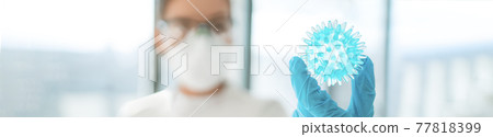 Coronavirus vaccine research lab woman researching looking at model of corona virus panoramic banner. In search of a cure research doctor holding blue sphere of COVID-19. Panoramic banner Coronavirus vaccine research lab woman researching looking at model of corona virus panoramic banner. In search of a cure research doctor holding blue sphere of COVID-19. Panoramic banner 77818399