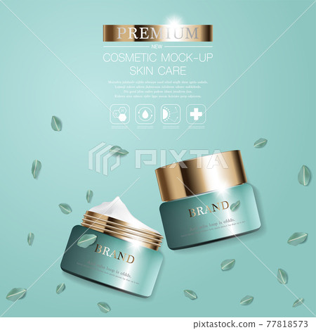 Hydrating facial cream for annual sale or festival sale. green and gold cream mask bottle isolated on glitter particles background. Graceful cosmetic ads, illustration 77818573