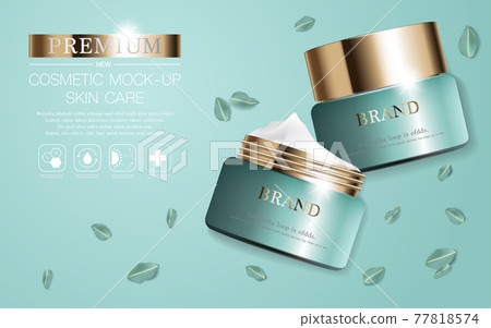 Hydrating facial cream for annual sale or festival sale. green and gold cream mask bottle isolated on glitter particles background. Graceful cosmetic ads, illustration 77818574